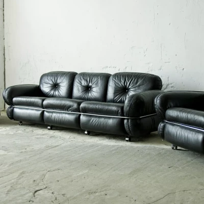 Kurt Hvitsjö „Hannibal” Skórzany zestaw wypoczynkowy, Finlandia lata 70.